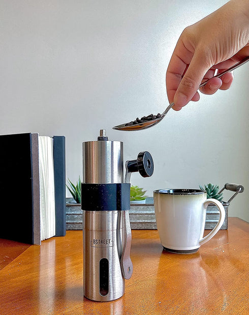 Manual coffee grinder - stainless steel conical ceramic burr coffee bean grinder for espresso and french press - portable for travel and camping - Adjustable hand crank for precision or coarse grind