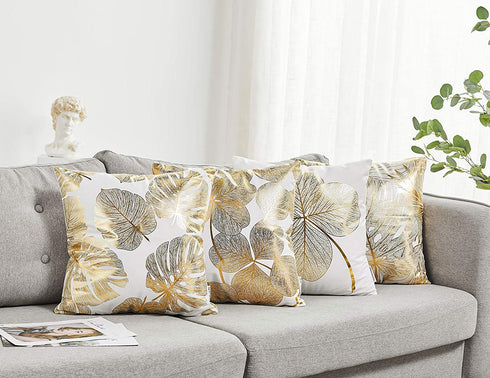 NeatBlanc Pack of 4 Decorative Throw Pillow Case Cushion Cover Gold Stamping Leaves 18 x 18 inches 45 x 45 cm for Couch Bedroom Car