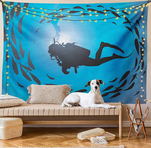 Ambesonne Under the Sea Tapestry, Diver Surrounded with Jamb of Fishes Scuba Snorkel Aqualung Water Sports, Wide Wall Hanging for Bedroom Living Room Dorm, 60" X 40", Dark Blue Aqua