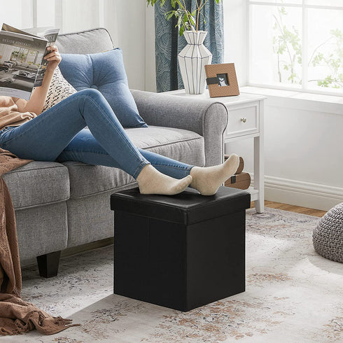 SONGMICS ULSF101 Storage Ottoman Cube/Footrest Stool/Coffee Table/Puppy Step, Holds Up to 660 lb., Faux Leather, 15", Black