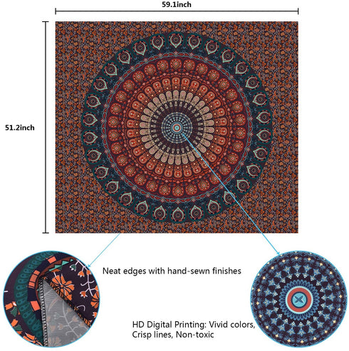 Mandala Tapestry Bohemian Hippie Tapestry Psychedelic Peacock Tapestry Wall Hanging Floral Brown Tapestry for Room(51.2 x 59.1 inches)