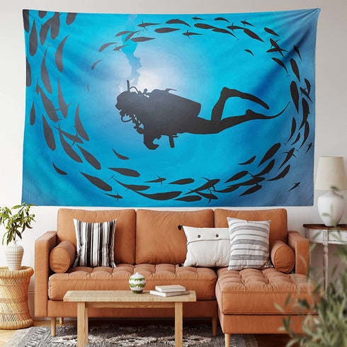 Ambesonne Under the Sea Tapestry, Diver Surrounded with Jamb of Fishes Scuba Snorkel Aqualung Water Sports, Wide Wall Hanging for Bedroom Living Room Dorm, 60" X 40", Dark Blue Aqua