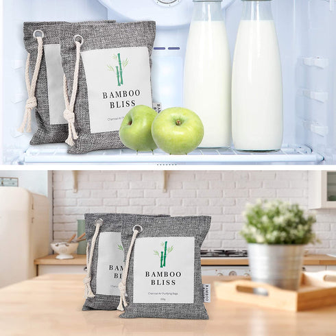 Bamboo Charcoal Air Purifying Bag (4x200g), Natural Charcoal Bags Odor Absorber and Cleaning Supply for Car, Office, Closet, Home, Kitchen, Rooms, Pets.