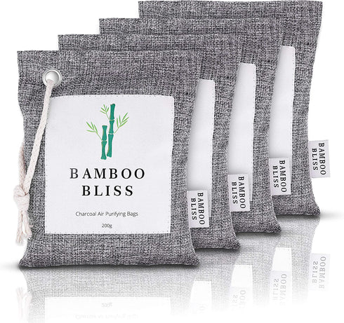 Bamboo Charcoal Air Purifying Bag (4x200g), Natural Charcoal Bags Odor Absorber and Cleaning Supply for Car, Office, Closet, Home, Kitchen, Rooms, Pets.