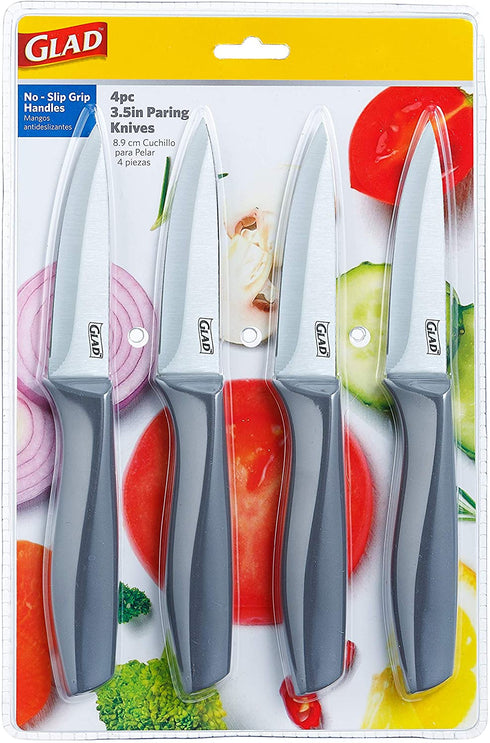 Glad Paring Knife Set, Pack of 4 | Sharp Stainless Steel Blades with Non-Slip Handles | 3.5-Inch Kitchen Knives for Cutting Vegetables and Peeling Fruit, Gray