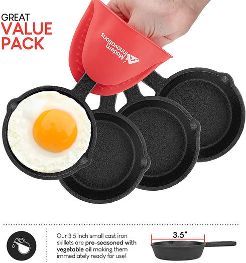 Modern Innovations Mini Cast Iron Skillet with Silicone Mitt (4 Count) - 3.5 Inch Mini Cast Iron Skillet - Pre Seasoned Small Cast Iron Skillet Set - Mini Cast Iron Skillets for Baked Cookie/Brownie