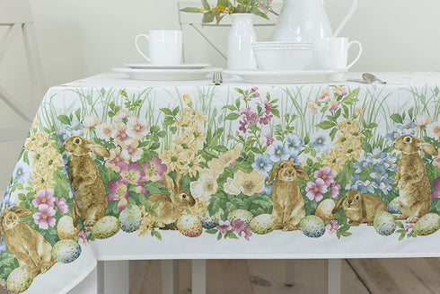 Benson Mills Easter Spillproof Fabric Tablecloth, Indoor/Outdoor Use, for Easter and Spring (Blooming Bunnies, 60" X 104" Rectangular)