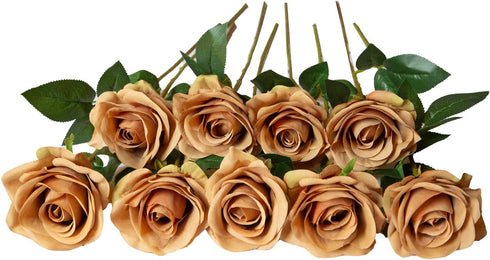 DuHouse 10pcs Fake Roses Artificial Silk Flowers Faux Rose Flower Long Stems Bouquet for Arrangement Wedding Centerpiece Party Home Kitchen Decor (Coffee)