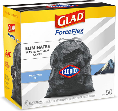 Glad Large Drawstring Trash Bags ForceFlex with Clorox, 30 Gallon Black Trash Bags, Mountain Air 50 Count (Package May Vary)