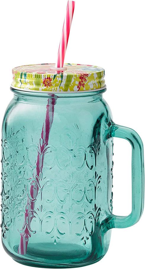 The Pioneer Women Sunny Days Teal Drinking Glass with Straw and Lid Mason jar