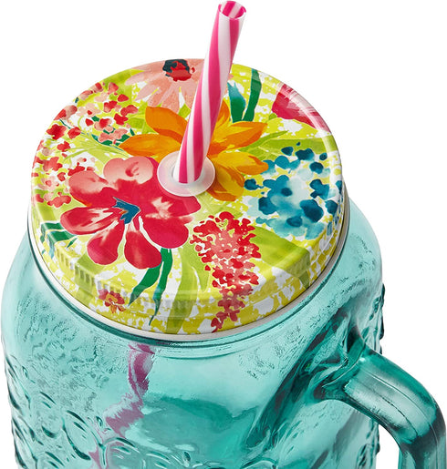 The Pioneer Women Sunny Days Teal Drinking Glass with Straw and Lid Mason jar