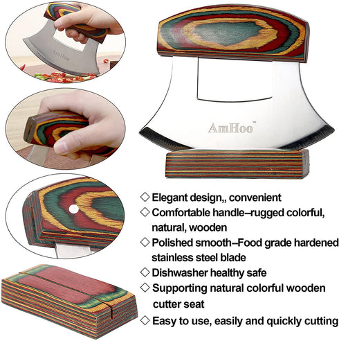 Amhoo Pizza Cutter Chef Mezzaluna Knife Handle Color Wood Grip Sharp Rocker Slicer Stainless Steel Blade Salad Onion Vegetable Chopper with Holder Base Christmas Gifts