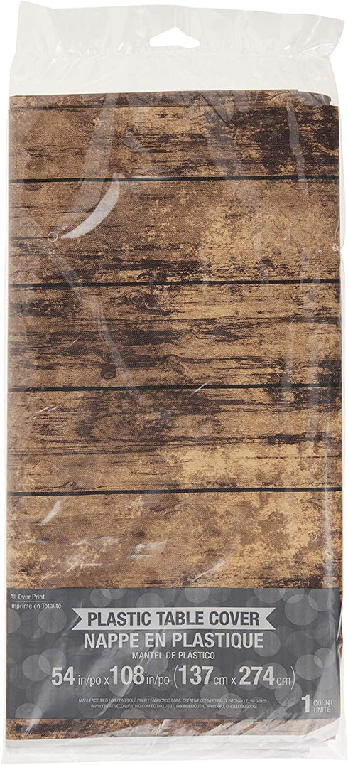 Creative Converting TABLECOVER PL 54" X 108" AOP BROWN Wood Grain Design Plastic Tablecloth, 54 x 108, Multicolor