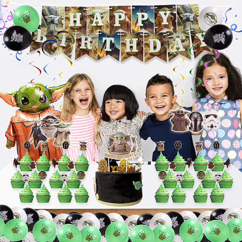 Birthday Decorations, Birthday Party Supplies with Foil Baby Yoda Balloon, Happy Birthday Banner, Cake Toppers, Balloons, Hanging Swirl, Stickers Party Decorations for Kids Boys Party
