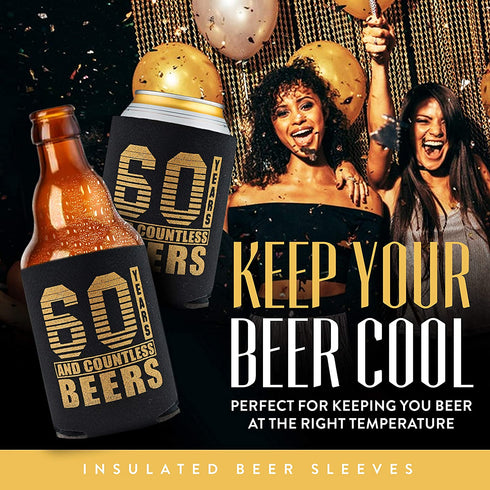 60th Birthday Decor and Party Favors, Beverage Sleeves Gift for Dad's 60th Birthday Party, Decorations and Party Supply, 60s Birthday Decorations for Men, 12-Pack, Black & Gold