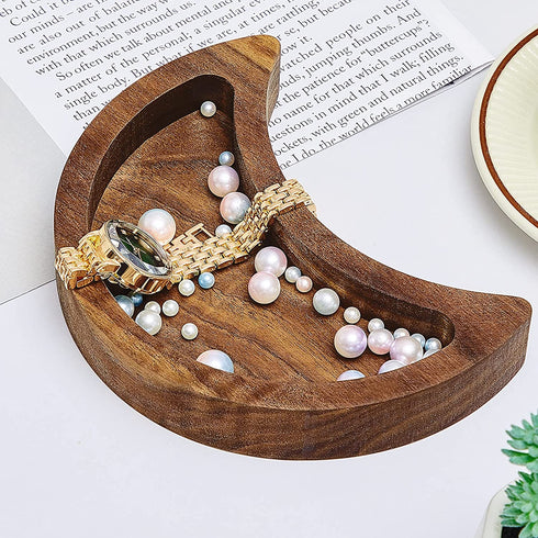 2 Pieces Moon Tray Crystal Holder for Stones Crescent Moon Tray Crystal Display Tray Decorative Wooden Moon Tray Wooden Crystal Organizer Walnut for Jewelry Essential Oil Crystal and Stone