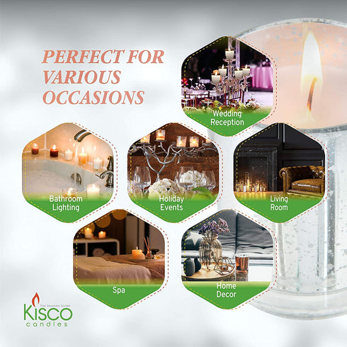 KISCO CANDLES: 10 Hour Votive Candles with Holders 12-Pack Silver Decorative Glass Home Decor, Beautiful Living Room, Kitchen, Bathroom Lighting | Long-Lasting Wax