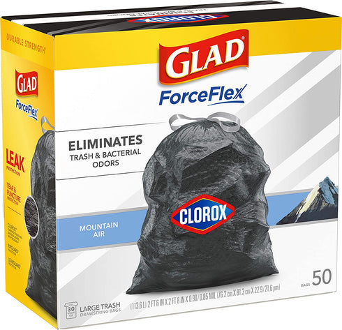 Glad Large Drawstring Trash Bags ForceFlex with Clorox, 30 Gallon Black Trash Bags, Mountain Air 50 Count (Package May Vary)