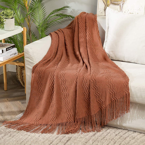 MIULEE Throw Blanket for Couch Textured Knitted Blanket with Tassels Cozy Woven Boho Bed Blanket for Sofa Bed Chair Wave Pattern 50"x60", Orange Yellow