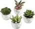 MyGift Miniature Artificial Succulents, Indoor Fake House Plants in Round White Geometric Ceramic Pots, Set of 4