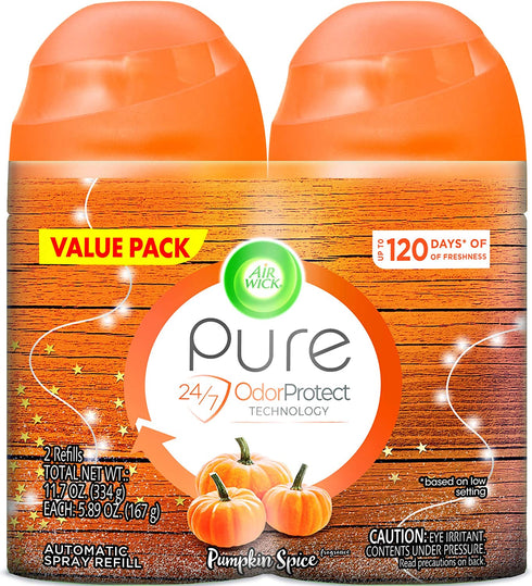 Air Wick Pure Freshmatic 2 Refills Automatic Spray, Pumpkin Spice, Fall scent, Fall spray, (2x5.89oz), Air Freshener, Essential Oils, Odor Neutralization