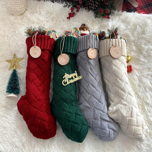 ROSFORU Knit Christmas Stockings, 4 Pack Large Size Candy Gift Bag Personalized Decoration Weave Xmas Socks, Classic Style?Ivory White, Green, Gray, Burgundy?
