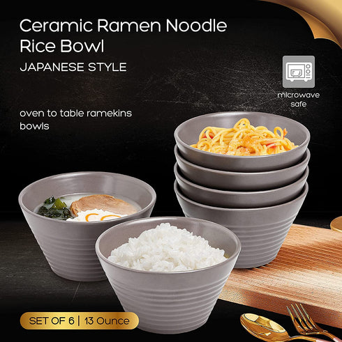 Ramen Bowl 13 Oz. Set of 6 Ceramic Ramen Noodle Rice Bowl, Microwave Safe Appetizer Bowls, Oven To Table Ramekins Bowls, Grey