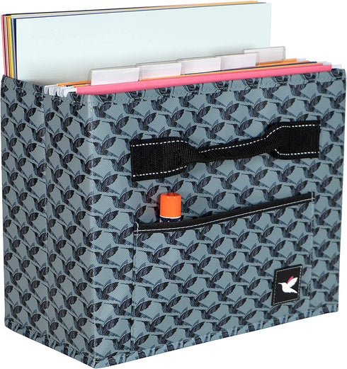 Stola Fabric File Bin, File Organizer, Home Office File Box, Decorative Water Resistant Document Holder With Front Pocket and Handles, Blue and Gray Hummingbird Houndstooth