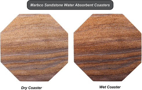 Marbco Sandstone Water Absorbent Hand Crafted Octagon Coasters for Drinks- Set of 4 - 4 inches Wide Thirsty Stone bar/Drink Coasters Made from Real Solid Stone (Without Holder, Set of 4)