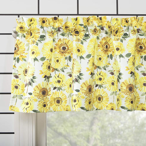 No. 918 Sunbeam Sunflower Print Semi-Sheer Rod Pocket Kitchen Curtain Valance and Tiers Set, 54 in x 24 in (3 Piece), Yellow