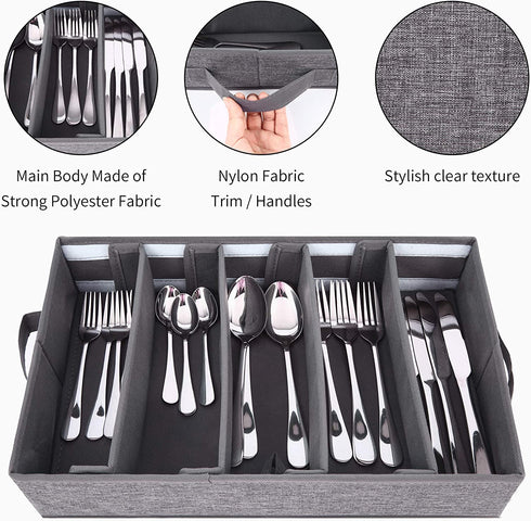 Flatware Storage Case, Silverware Storage Box Chest with Adjustable Dividers, Fabric Container Holder for Organizing Utensils, Cutlery, Flatware, Knives, Large Capacity Gray