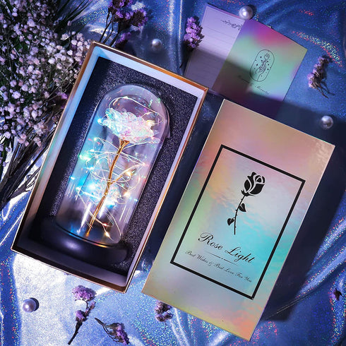 Rainbow Forever Rose Gifts for Women, Galaxy Glass Rose Flower Gift, Light Up Rose Light Birthday Christmas Unique Gifts, Artificial Flowers, Mothers Personalized Gifts Valentines Day Gifts for Her