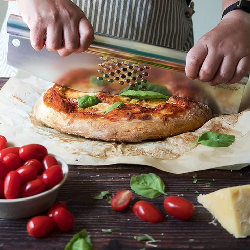 Gemiknife Pizza Cutter Plus. 14? Sharp Rocker Slicer + Built In Cheese Grater. Thick & Sturdy Stainless Steel Blade + Centered Handle + Protective Knife Cover + Dishwasher Safe.