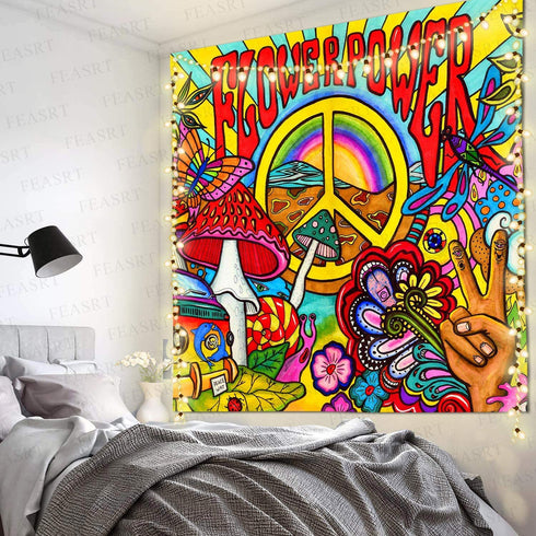 FEASRT Hippie Groovy Tapestry Peace and Love Trippy Tapestries Art Wall Hanging for Living Room Bedroom Home Dorm Decor 60×60 Inches GTZYAY315