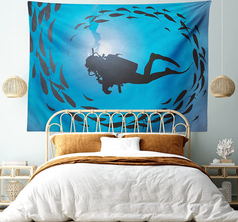 Ambesonne Under the Sea Tapestry, Diver Surrounded with Jamb of Fishes Scuba Snorkel Aqualung Water Sports, Wide Wall Hanging for Bedroom Living Room Dorm, 60" X 40", Dark Blue Aqua