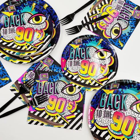 80 Pieces 90s Party Tableware Set 1990s Birthday Hip Hop Party Table Decorations Supplies Back to the 90s Paper Plates Napkins Forks for 20 Guests