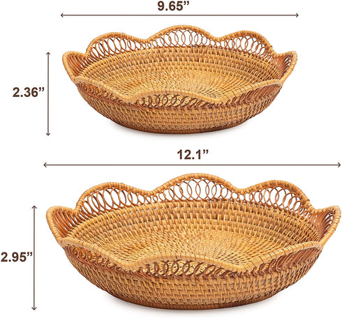 Fruit And Vegetable Storage Round Wicker Baskets Rattan For Serving Potatoes Onions Bread Decor Basket Stackable Set 2 Fruit Holder For Kitchen Countertop Organizing Bathroom Toys Craft (Honey Brown)