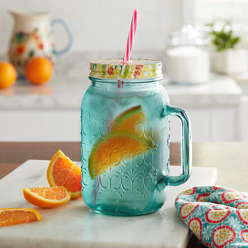 The Pioneer Women Sunny Days Teal Drinking Glass with Straw and Lid Mason jar