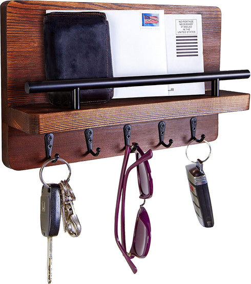 Ripple Creek Key Holder for Wall and Mail Shelf, Decorative Wooden Wall Rack for Keys, Letters, Bills - Pine Wood Unique and Industrial Decor, Perfect for Entryway, Kitchen (Brown, Large)