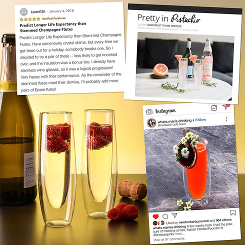 Glass Champagne Flutes - Set of 2 - Stemless Sparkling Wine Glasses - 5 oz - Mimosa Wine Flute For Weddings Bridesmaid Party and Bridal Showers -Eparé