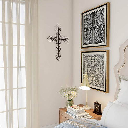 Lavish Home Handmade Short Flat White Mango Wood Vase Metal Cross Fleur De Lis Design-Rustic Handcrafted Religious Wall Art for Decor in Living Room, Bedroom, 15.5" x .7" x 23.3?, Black