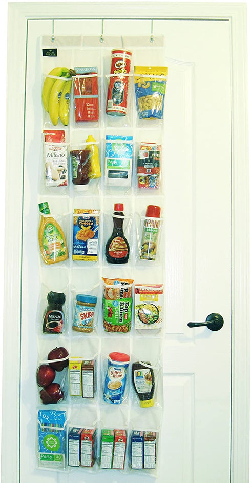 Regal Bazaar Over-The-Door Hanging White Pantry Organizer and Kitchen Storage Unit with 24 Crystal-Clear Vinyl Pockets and 3 Metal Hooks