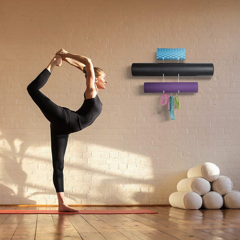 Wallniture Guru Wall Mount Yoga Mat Foam Roller and Towel Rack with 3 Hooks for Hanging Yoga Strap and Resistance Bands, 3-Sectional Metal