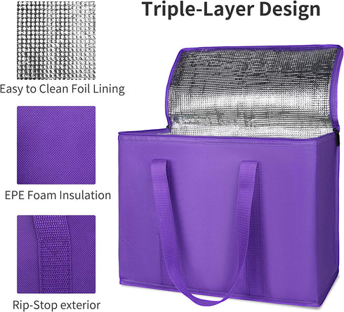 2-Pack Insulated Reusable Grocery Bag with Zippered Top, XL, Large, Frozen Foods Cold, Cooler Shopping Accessories, Insullated Bags, Purple