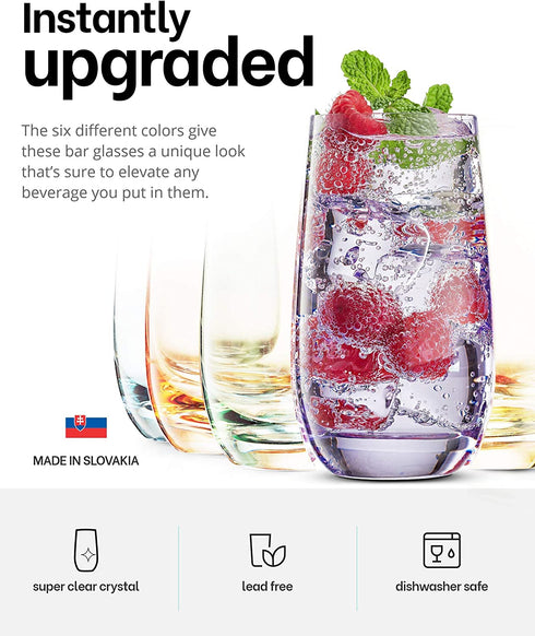MITBAK 13- OZ Colored Highball Glasses (Set of 6) | Drinking Glasses Tumblers for Mixed Drinks, Water, Juice beer, cocktail | Glassware Set, Excellent Gift | Glass Cups Made in slovakia
