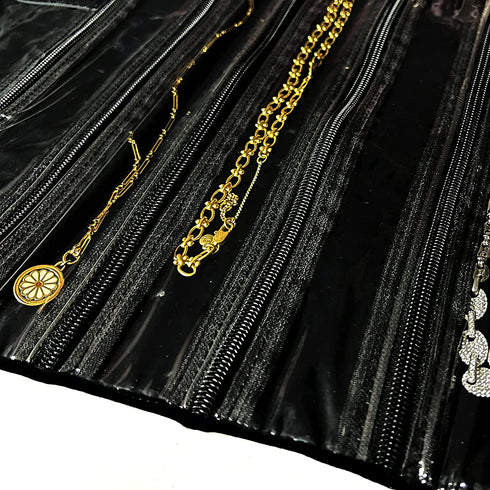 UnionPlus Velvet Travel Jewelry Case Roll Bag Organizer for Necklace, 9 Zipped Grids, Black