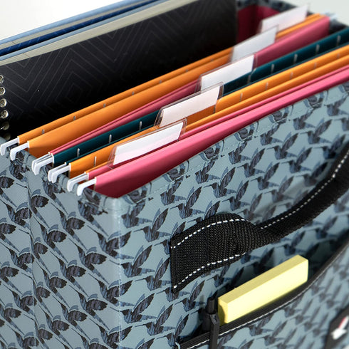 Stola Fabric File Bin, File Organizer, Home Office File Box, Decorative Water Resistant Document Holder With Front Pocket and Handles, Blue and Gray Hummingbird Houndstooth