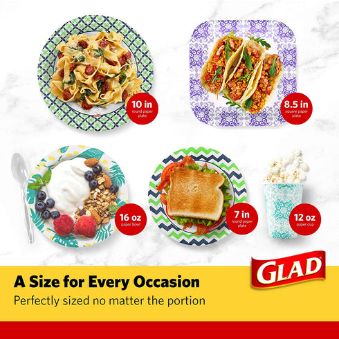 Glad Round Disposable Paper Plates 10 in, Blue Flower|Soak Proof, Cut Proof, Microwave Safe Heavy Duty Paper Plates 10"|50 Count Bulk Paper Plates, Paper Plates 10 Inch, Bulk for Parties and Occasions