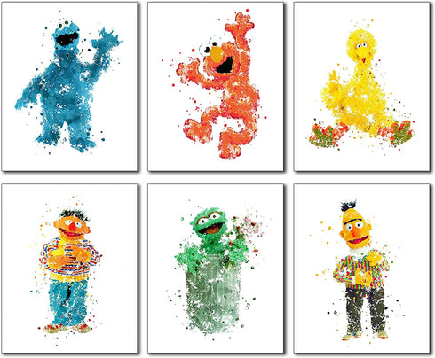 Sesame Street Watercolor Wall Art Prints - Set of 6 Photos Elmo Big Bird Cookie Monster Burt Ernie Oscar the Grouch