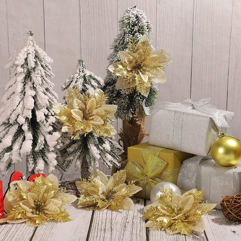 24 Pieces Christmas Glitter Poinsettia Flowers 5.5 Inch Artificial Christmas Flowers Xmas Artificial Glitter Flowers for Christmas Tree Ornament Party Decorations Wreath Garlands (Gold)